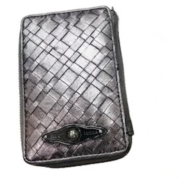 Elliott Lucca Womens Wristlet Wallet Silver Metallic Woven Leather Zip Around EC - Picture 3 of 9